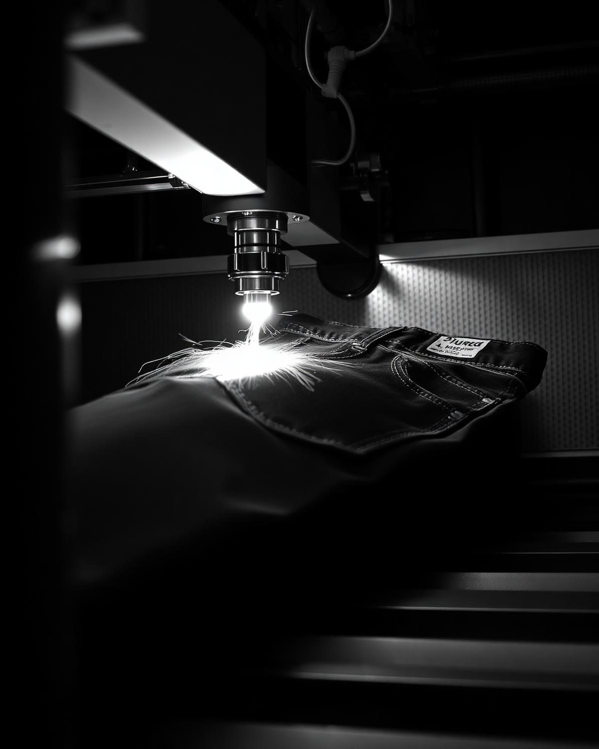 Automated laser finishing applied to denim jeans in a modern factory